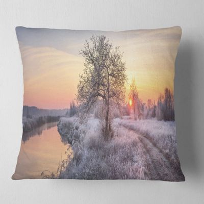 Designart Winter Sunrise Over Frosty Field' Landscape Throw Living Room, Sofa, High Quality Pillow Insert + Cushion Cover Printed On Both Side 18 in. x 18 in