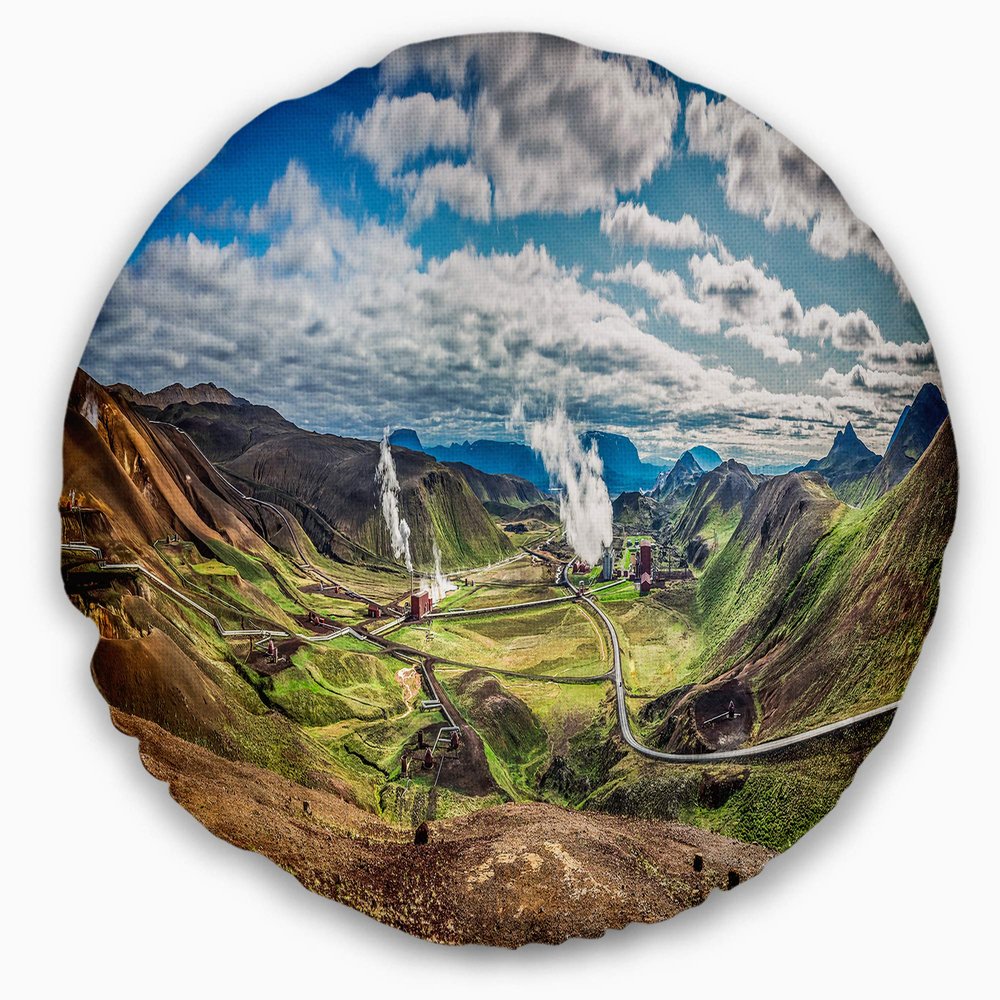 Designart Geothermal Power Station Panorama' Seashore Throw Living Room, Sofa, High Quality Pillow Insert + Cushion Cover Printed On Both Side 20" Round