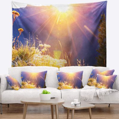 Designart ' Rural Meadow Flowers at Sunset' Landscape Tapestry Blanket Dcor Wall Art for Home and Office Medium: 39" x 32"