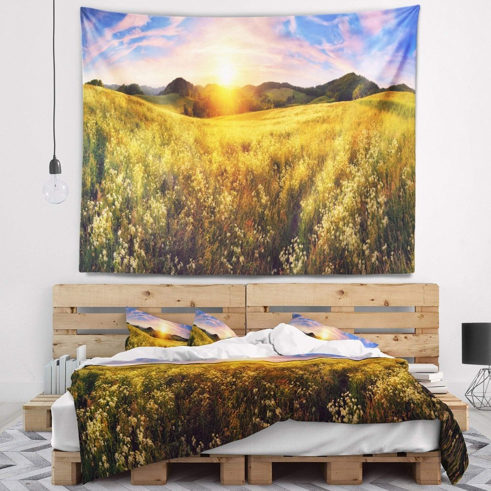 Designart ' Beautiful Meadow Panorama' Landscape Tapestry Blanket Dcor Wall Art for Home and Office x Large: 92 in. x 78 in