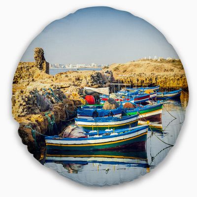Designart Ancient Phoenician Port Africa' Landscape Printed Throw Cushion Pillow Cover for Living Room, Sofa 20" Round