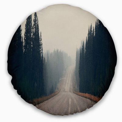 Designart Foggy Road in Forest in Banff Park' Modern Seascape Throw Cushion Pillow Cover for Living Room, Sofa 20" Round