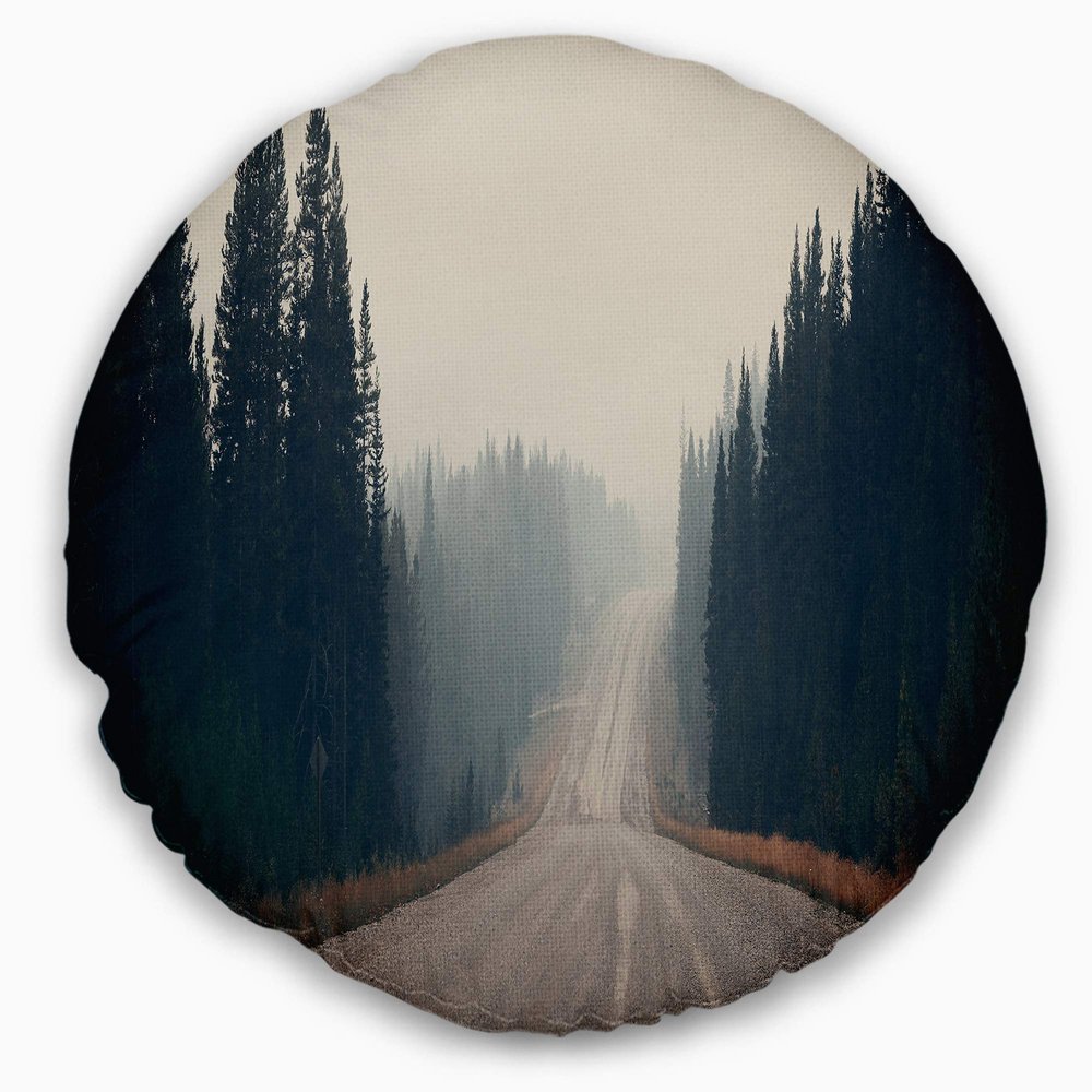 Designart Foggy Road in Forest in Banff Park' Modern Seascape Throw Cushion Pillow Cover for Living Room, Sofa 20" Round