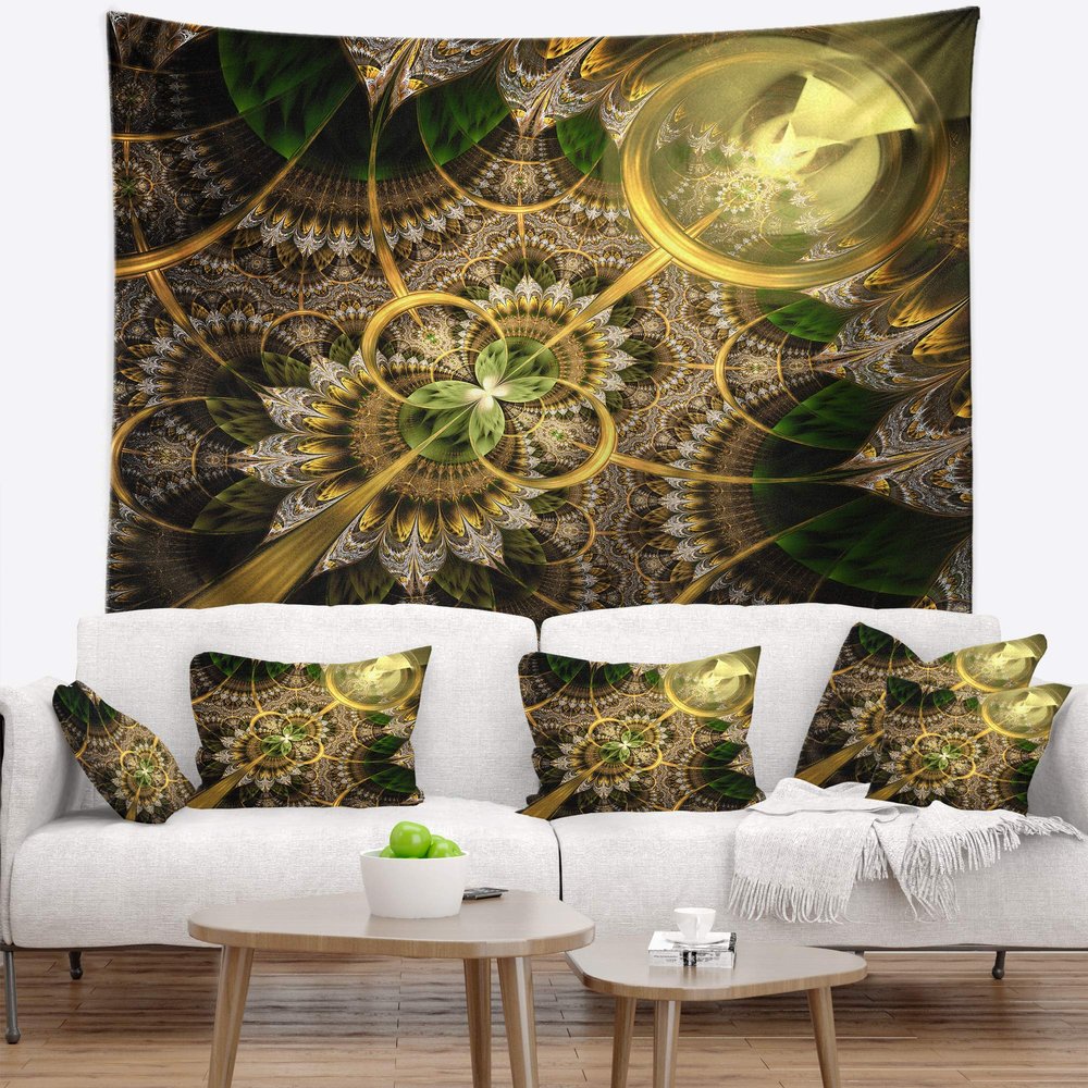 Designart ' Dark Green and Gold Fractal Flower' Floral Tapestry Blanket Dcor Wall Art for Home and Office x Large: 92" x 78"