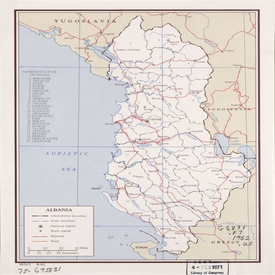 18" x 24" 1962 Map Of Albania Railroads Roads
