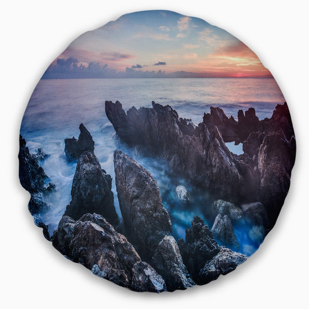 Designart Blue Sunrise Over Coast of Sicily' Beach Photo Throw Living Room, Sofa, High Quality Pillow Insert + Cushion Cover Printed On Both Side 20" Round