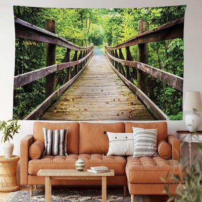 Lunarable Landscape Tapestry King Size, Rustic Wooden Bridge Limberlost Trail in Shenandoah National Park Virginia, Wall Hanging Bedspread Bed Cover Wall Decor, King Size, Brown Green