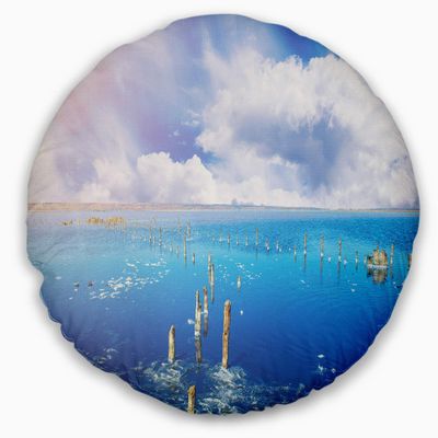 Designart Blue Salt Lake Under Clouds' Seascape Throw Cushion Pillow Cover for Living Room, Sofa 20" Round
