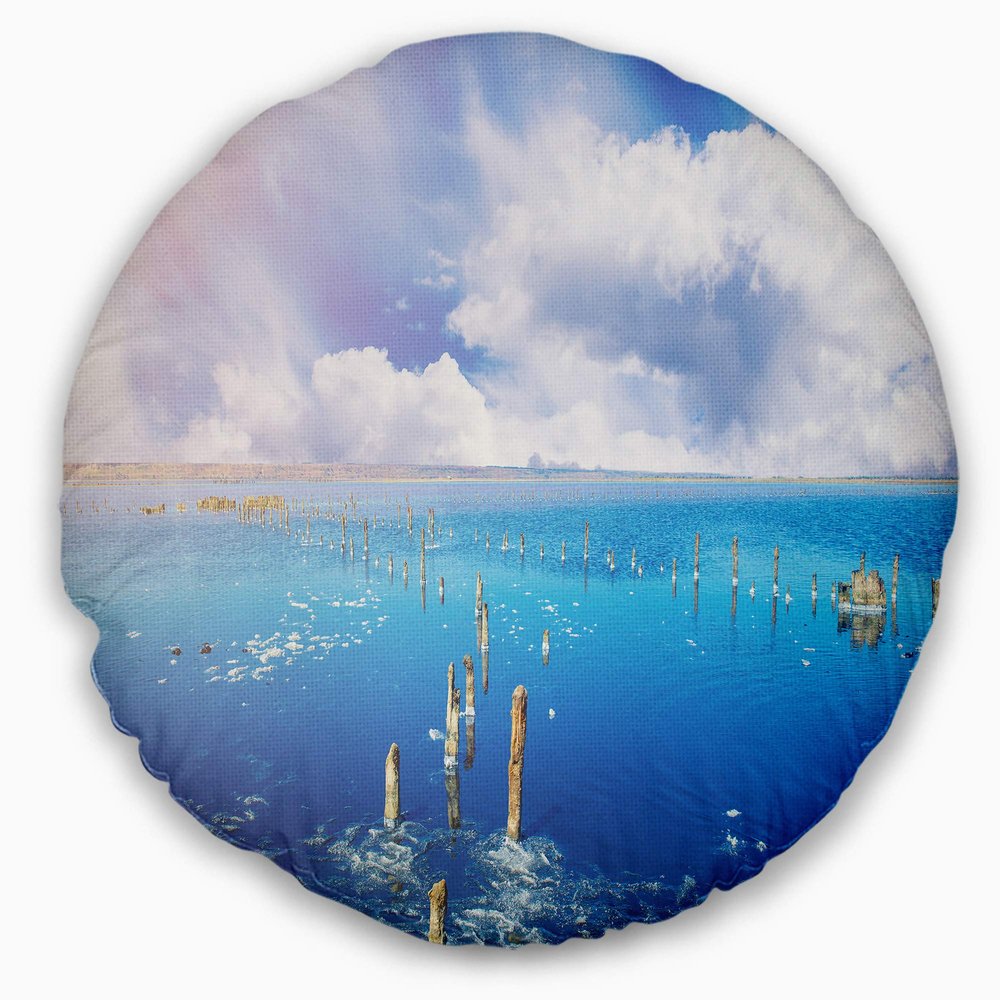 Designart Blue Salt Lake Under Clouds' Seascape Throw Cushion Pillow Cover for Living Room, Sofa 20" Round