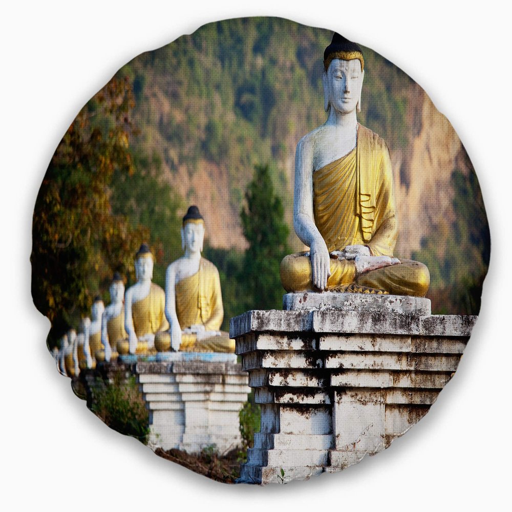 Designart Beautiful Row of Buddha Statues' Landscape Throw Living Room, Sofa, High Quality Pillow Insert + Cushion Cover Printed On Both Side 20" Round