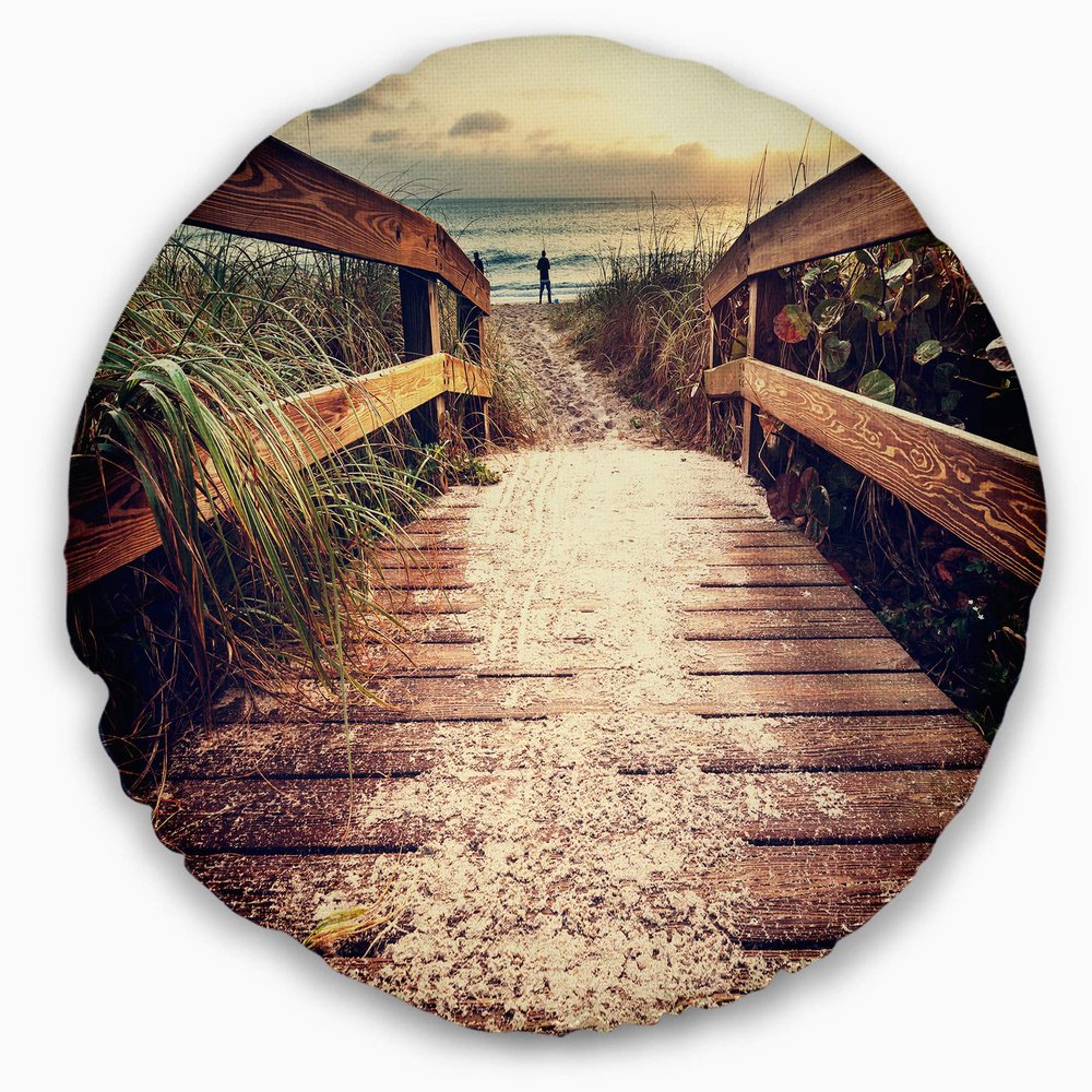 Designart Vintage Wooden Bridge Seashore Throw Living Room, Sofa, High Quality Pillow Insert + Cushion Cover Printed On Both Side 20" Round