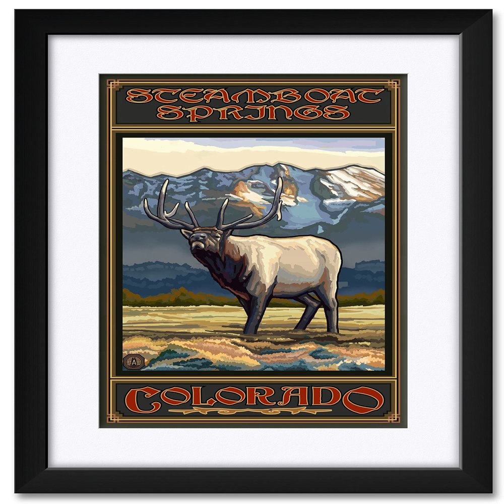 Steamboat Springs Colorado Whistling Elk Professionally Framed & Matted Art Print from Travel Artwork by Artist Paul A. Lanquist Framed Art Size: 18" x 24"