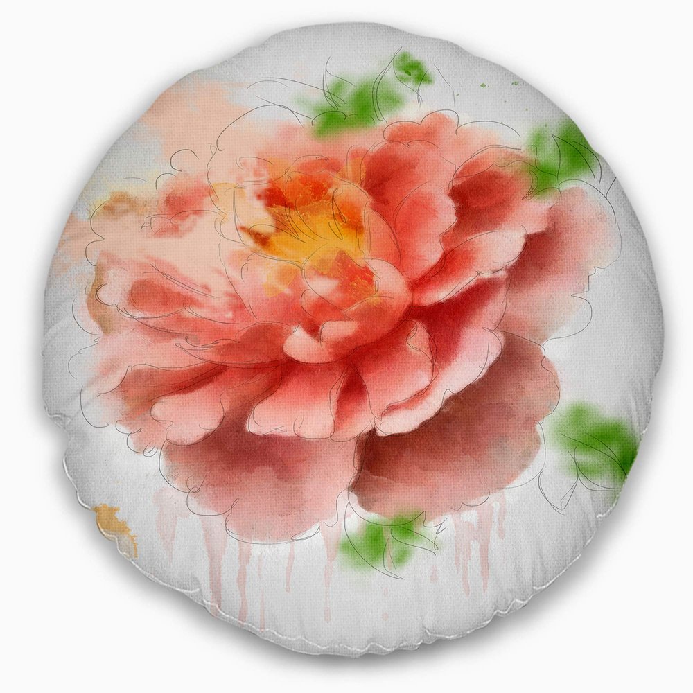 Designart Light Red Rose Sketch Watercolor' Floral Throw Cushion Pillow Cover for Living Room, Sofa 20" Round