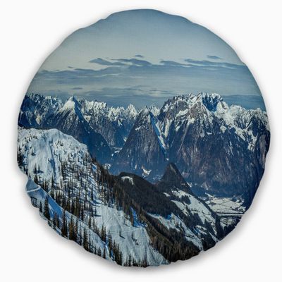 Designart White Ski Slope Panoramic View' Landscape Throw Living Room, Sofa, High Quality Pillow Insert + Cushion Cover Printed On Both Side 20" Round