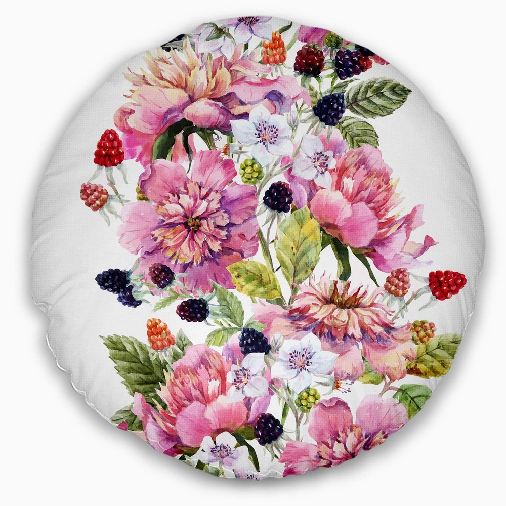 Designart Watercolor Pink Composition' Floral Throw Cushion Pillow Cover for Living Room, Sofa 20" Round