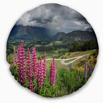 Designart Flowering New Zealand' Landscape Printed Throw Cushion Pillow Cover for Living Room, Sofa 20" Round