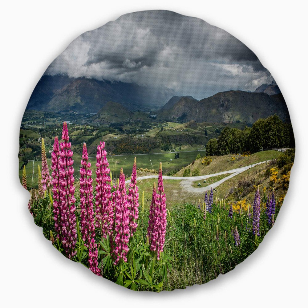 Designart Flowering New Zealand' Landscape Printed Throw Cushion Pillow Cover for Living Room, Sofa 20" Round