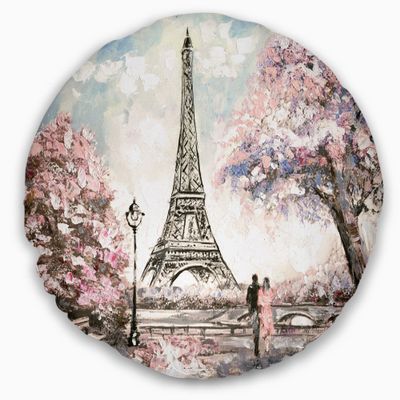 Designart Eiffel with Pink Flowers' Landscape Throw Living Room, Sofa, High Quality Pillow Insert + Cushion Cover Printed On Both Side 20" Round