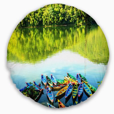 Designart Lake Pokhara Nepal' Boat Throw Cushion Pillow Cover for Living Room, Sofa 20" Round