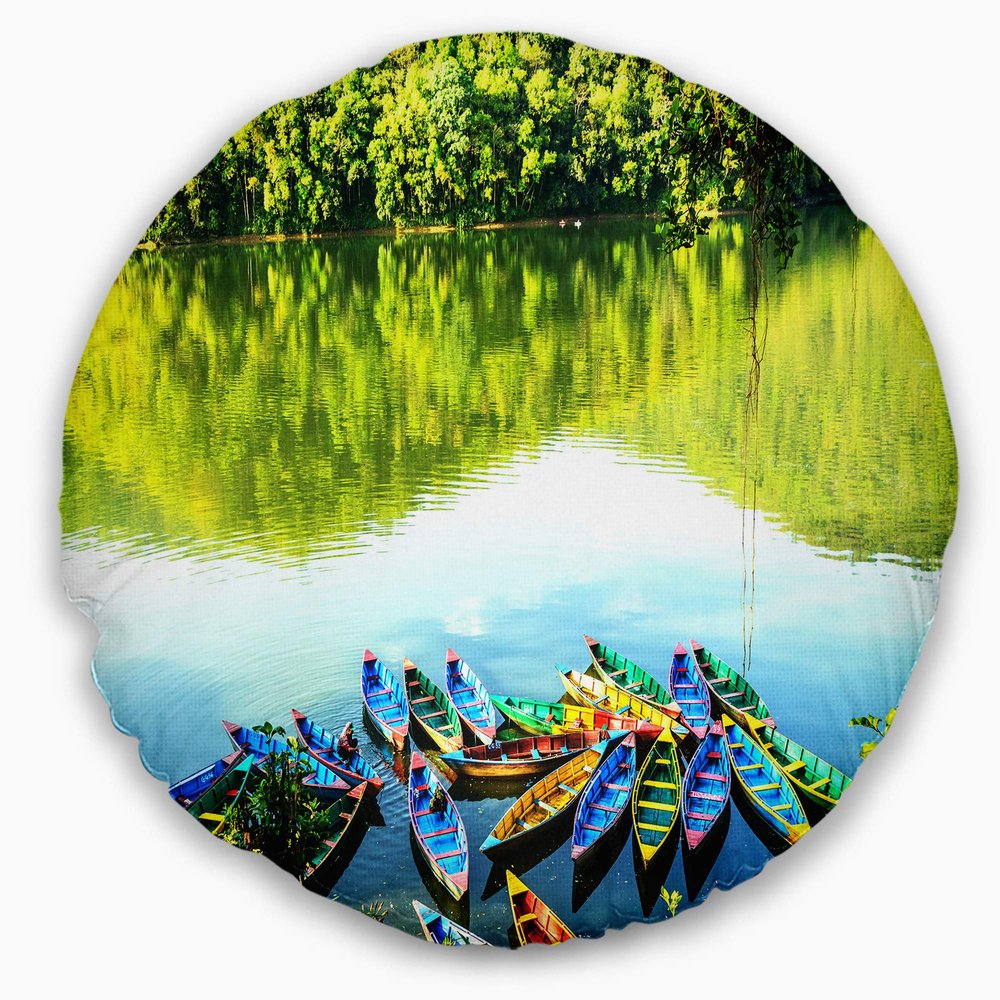 Designart Lake Pokhara Nepal' Boat Throw Cushion Pillow Cover for Living Room, Sofa 20" Round