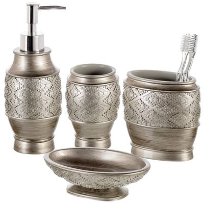 Creative Scents Dublin Silver Bathroom Accessory Set - Brushed Silver Bathroom Sets Accessories - 4 Piece Bathroom Set Includes: Soap Dispenser, Toothbrush Holder, Soap Dish and Tumbler