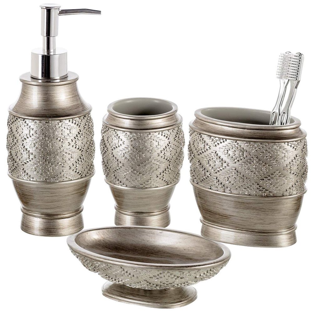 Creative Scents Dublin Silver Bathroom Accessory Set - Brushed Silver Bathroom Sets Accessories - 4 Piece Bathroom Set Includes: Soap Dispenser, Toothbrush Holder, Soap Dish and Tumbler