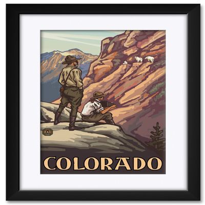 Colorado Park Rangers & Goats Professionally Framed & Matted Art Print from Travel Artwork by Artist Paul A. Lanquist Framed Art Size: 18" x 24"