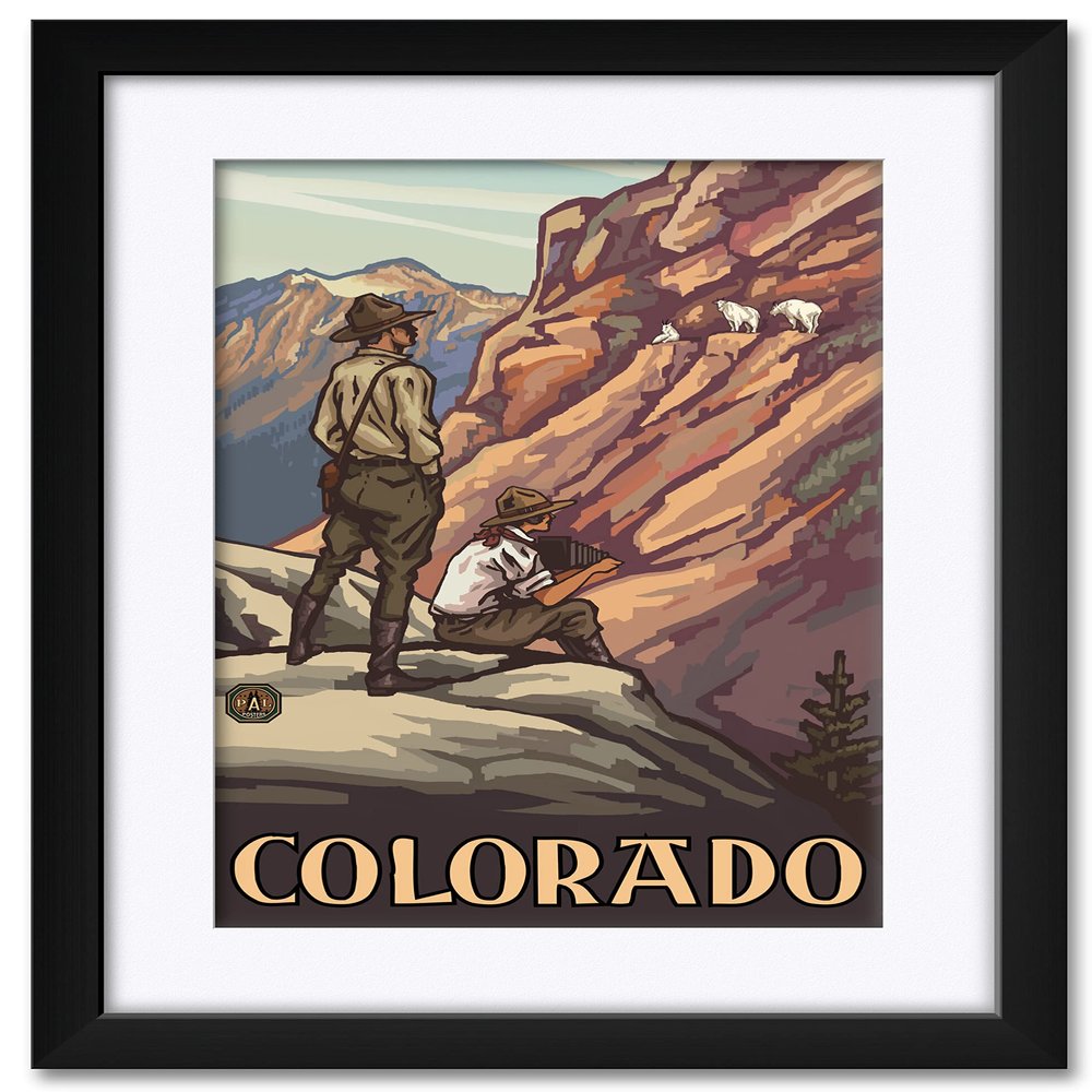 Colorado Park Rangers & Goats Professionally Framed & Matted Art Print from Travel Artwork by Artist Paul A. Lanquist Framed Art Size: 18" x 24"