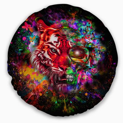 Designart Colorful Tiger Head with Half Skull' Abstract Throw Cushion Pillow Cover for Living Room, Sofa 20" Round