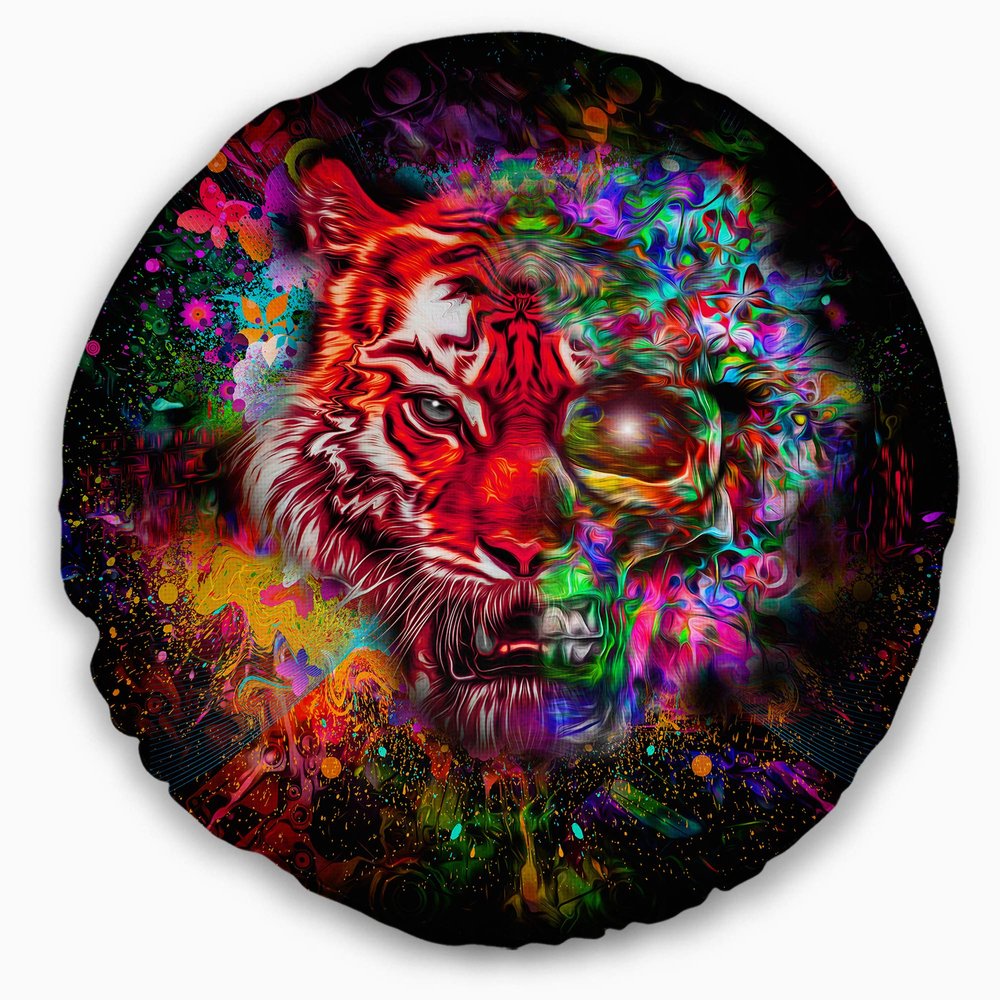 Designart Colorful Tiger Head with Half Skull' Abstract Throw Cushion Pillow Cover for Living Room, Sofa 20" Round