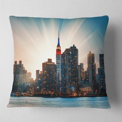 Designart Manhattan Skyline at Bright Sunset' Throw Living Room, Sofa, High Quality Pillow Insert + Cushion Cover Printed On Both Side 18 in. x 18 in