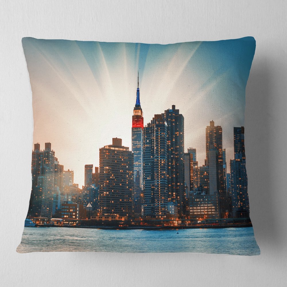 Designart Manhattan Skyline at Bright Sunset' Throw Living Room, Sofa, High Quality Pillow Insert + Cushion Cover Printed On Both Side 18 in. x 18 in