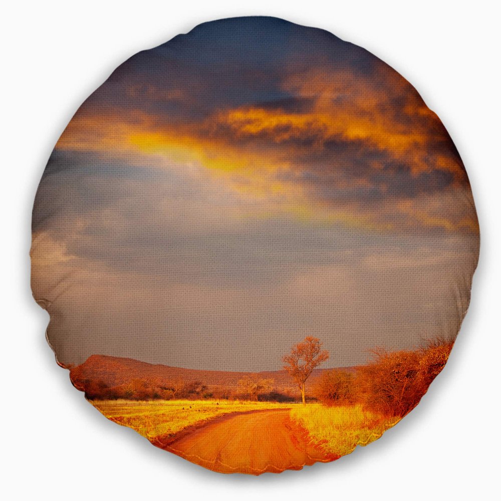 Designart Fantastic Road and Sky in Kenya' Landscape Printed Throw Cushion Pillow Cover for Living Room, Sofa 20" Round