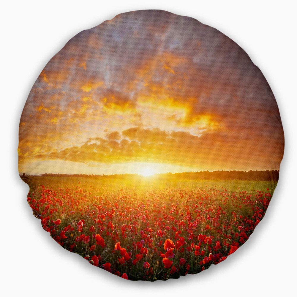 Designart Poppy Field Under Bright Sunset' Landscape Printed Throw Cushion Pillow Cover for Living Room, Sofa 20" Round