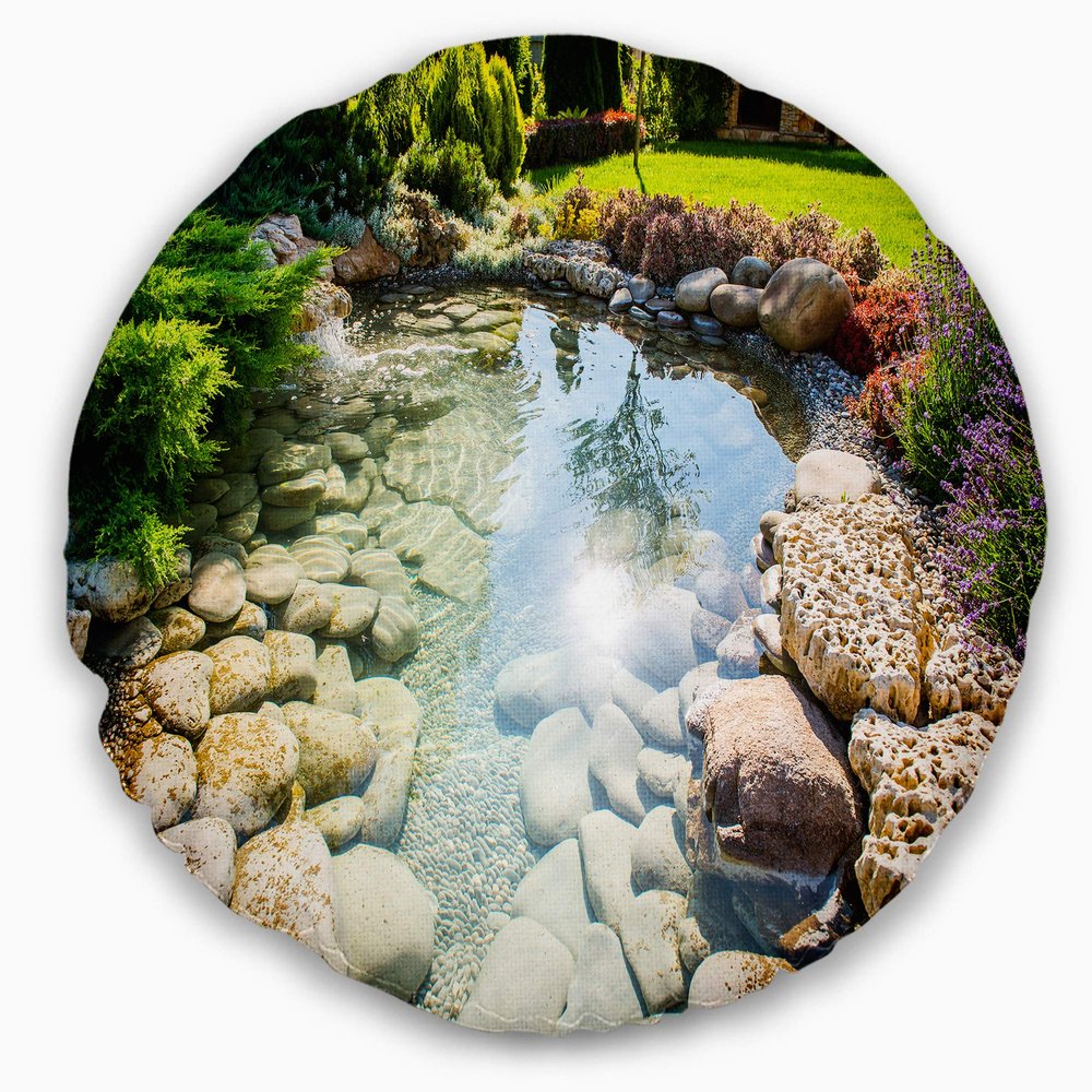 Designart Stream in Rocky Landscape Printed Throw Cushion Pillow Cover for Living Room, Sofa, 20" Round