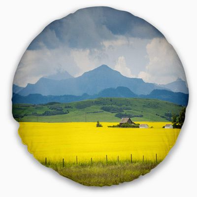 Designart Farm House in Field of Canola' Landscape Printed Throw Cushion Pillow Cover for Living Room, Sofa 20" Round
