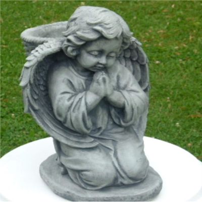 14" Cherub Outdoor Statue with Basket on Knees - Antique Stone Finish