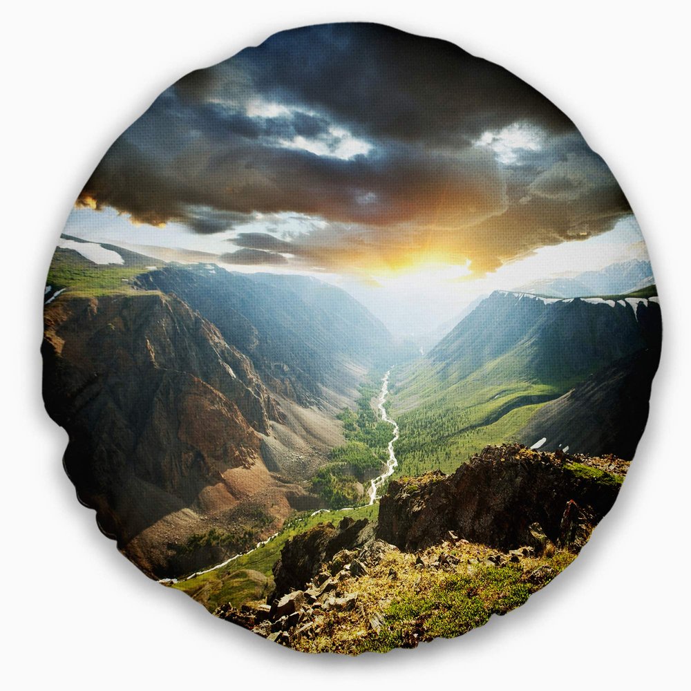 Designart Clouds Touching Mountains at Sunset' Landscape Printed Throw Cushion Pillow Cover for Living Room, Sofa 20" Round