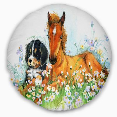 Designart Relaxing Brown Cute Horse' Animal Throw Living Room, Sofa, High Quality Pillow Insert + Cushion Cover Printed On Both Side 20" Round