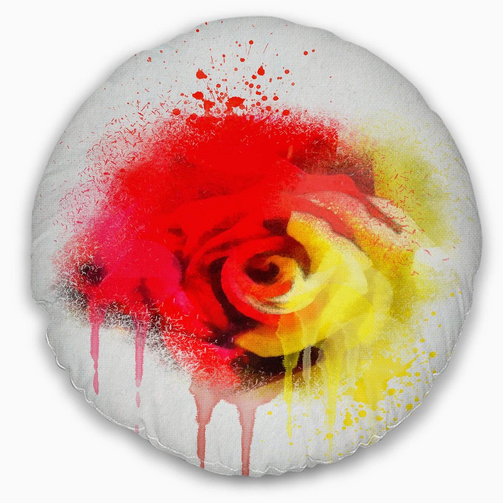 Designart Beautiful Red Yellow Rose Watercolor' Flowers Throw Pillowwork,Cushion Pillow Cover for Living Room, Sofa 20" Round