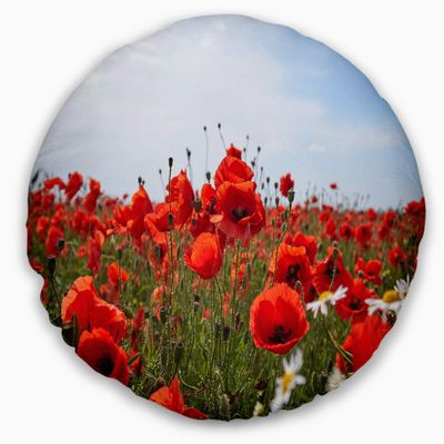 Designart Red Poppies Under Bright Blue Sky' Flower Throw Living Room, Sofa, High Quality Pillow Insert + Cushion Cover Printed On Both Side 20" Round