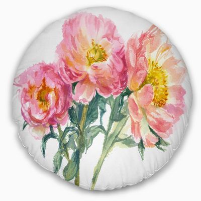 Designart Bouquet of Pink Peony Watercolor' Flower Throw Living Room, Sofa, High Quality Pillow Insert + Cushion Cover Printed On Both Side 20" Round