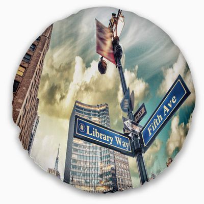 Designart Library Way and 5th Avenue Street Signs' Modern Cityscape Throw Living Room, Sofa, High Quality Pillow Insert + Cushion Cover Printed On Both Side 20" Round