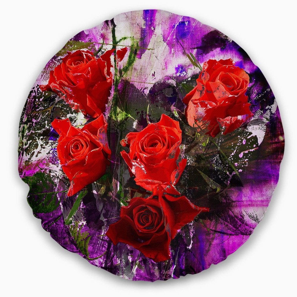 Designart Five Red Roses Abstract Background' Floral Throw Living Room, Sofa, High Quality Pillow Insert + Cushion Cover Printed On Both Side 20" Round