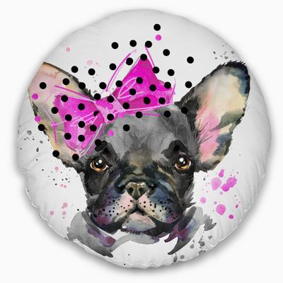 Designart Serious French Bulldog Watercolor' Animal Throw Living Room, Sofa, High Quality Pillow Insert + Cushion Cover Printed On Both Side 20" Round
