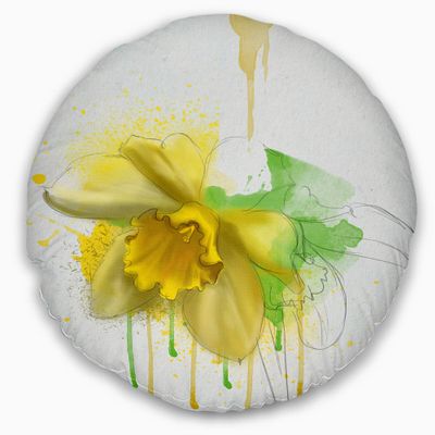 Designart Yellow Narcissus Flower Watercolor' Floral Throw Living Room, Sofa, High Quality Pillow Insert + Cushion Cover Printed On Both Side 20" Round