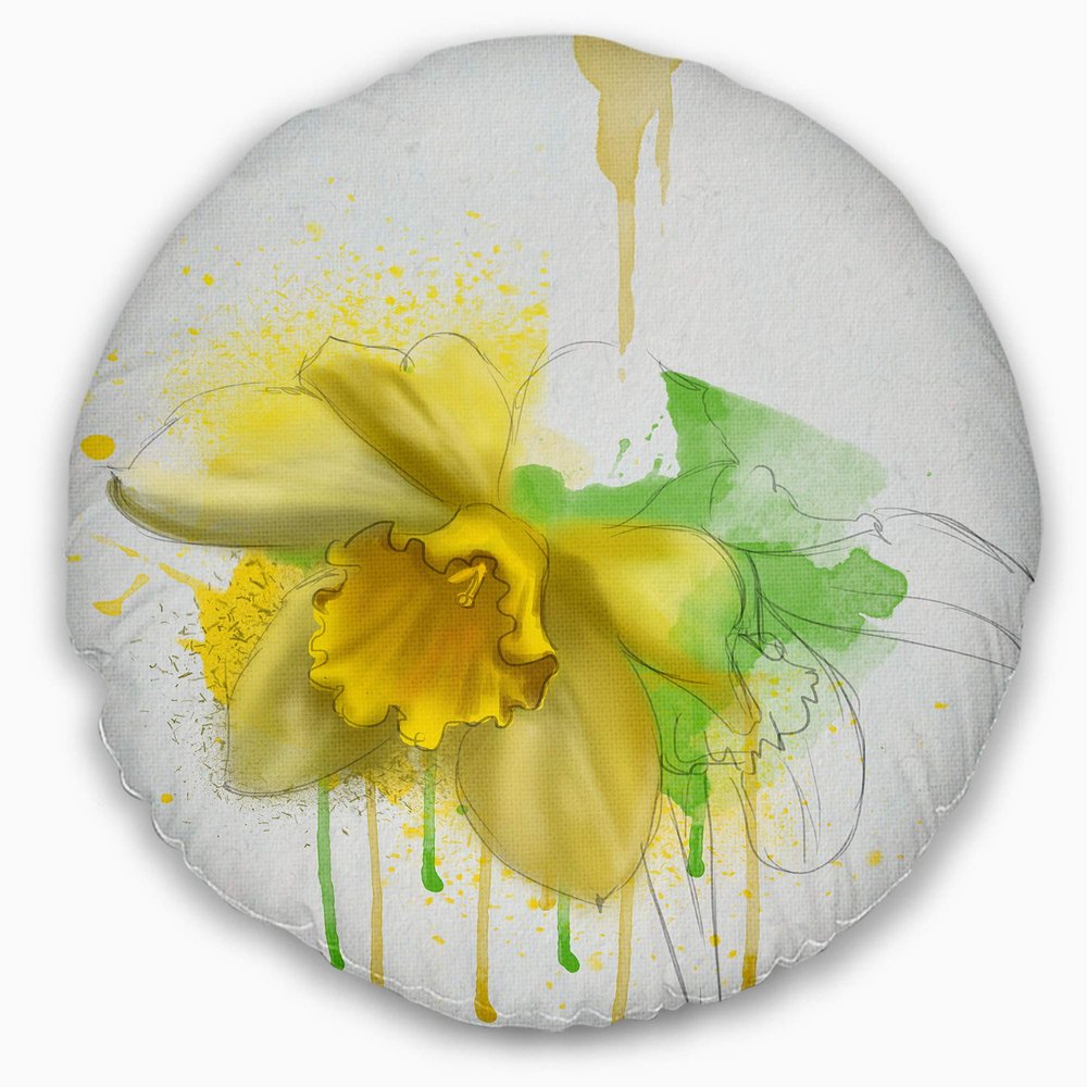 Designart Yellow Narcissus Flower Watercolor' Floral Throw Living Room, Sofa, High Quality Pillow Insert + Cushion Cover Printed On Both Side 20" Round
