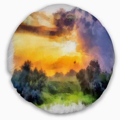 Designart Beautiful Watercolor' Landscape Throw Living Room, Sofa, High Quality Pillow Insert + Cushion Cover Printed On Both Side 20" Round