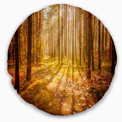 Designart Bright Sunlight in Yellow Fall Modern Forest Throw Living Room, Sofa, High Quality Pillow Insert + Cushion Cover Printed On Both Side 20" Round