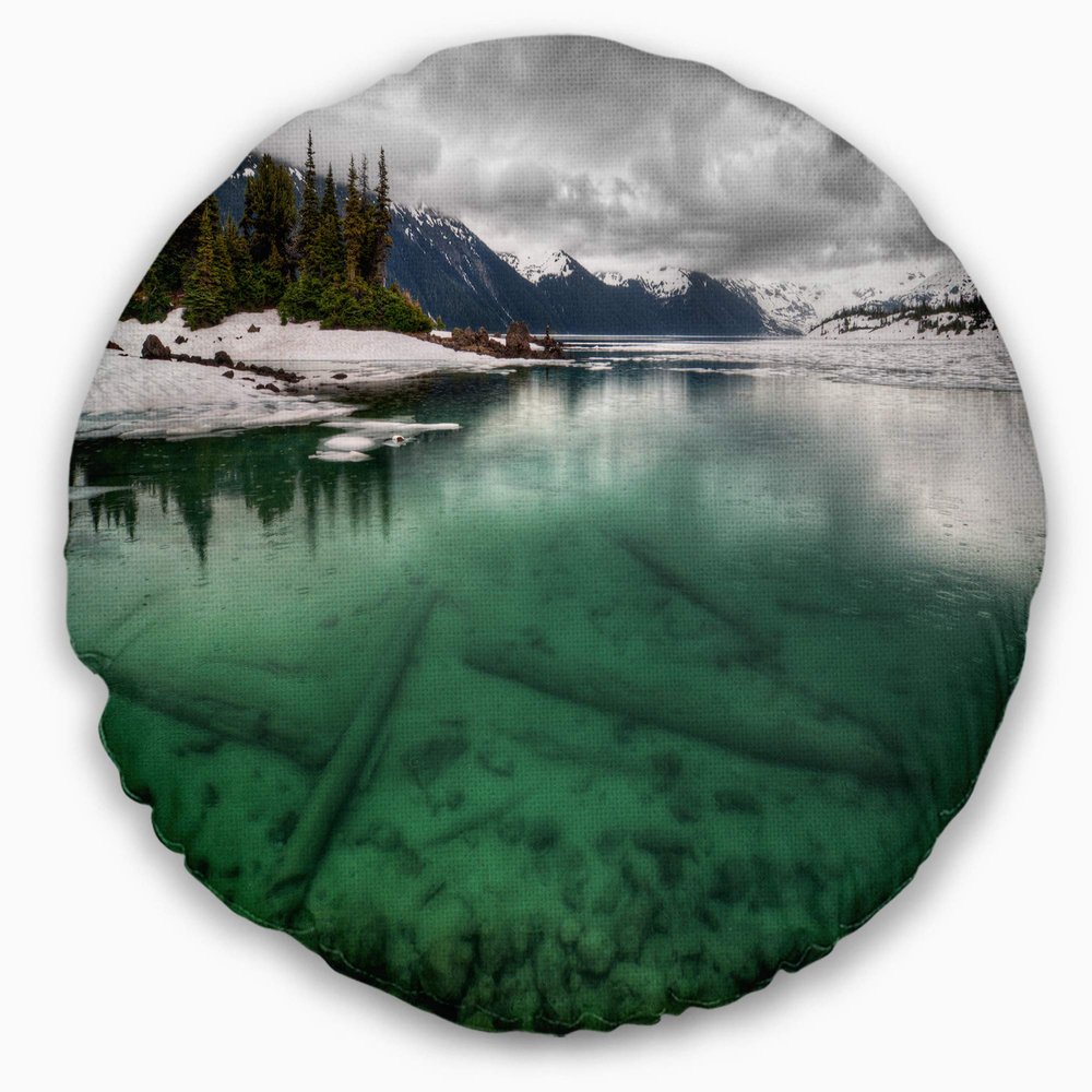 Designart Crystal Clear Lake and Mountains' Landscape Throw Living Room, Sofa, High Quality Pillow Insert + Cushion Cover Printed On Both Side 20" Round
